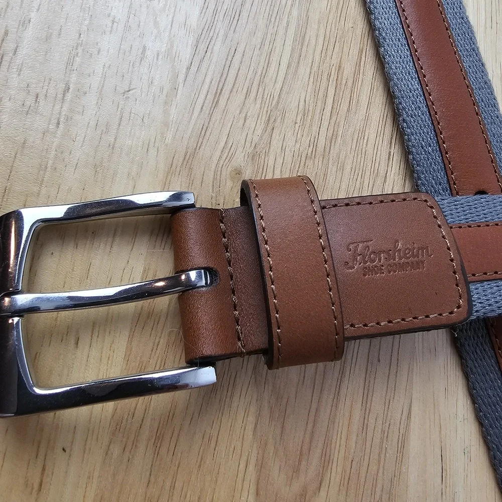 Florsheim Mens Brown Leather Gray Cotton Belt 42 Silvertone Buckle Preppy Office